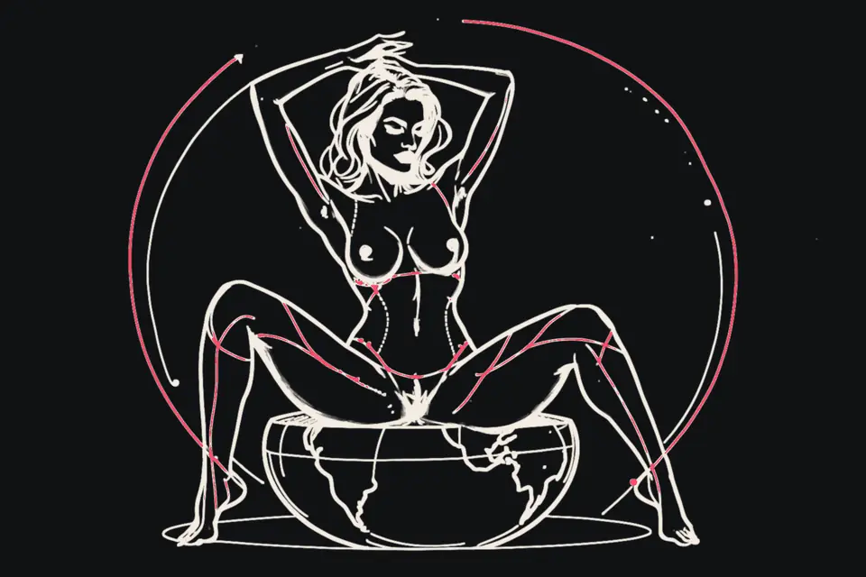 A woman sits on top of a globe marked with pins