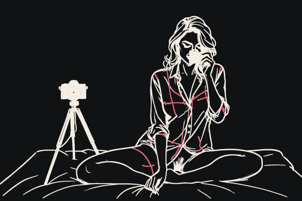A woman sitting cross-legged on a bed adjusts her webcam