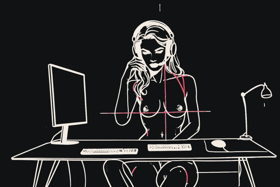 A woman with a headset looks at a 3D avatar on her monitor