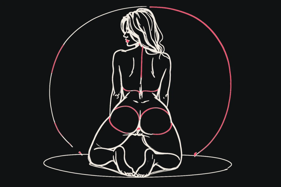 A woman with a full figure kneels, seen from behind