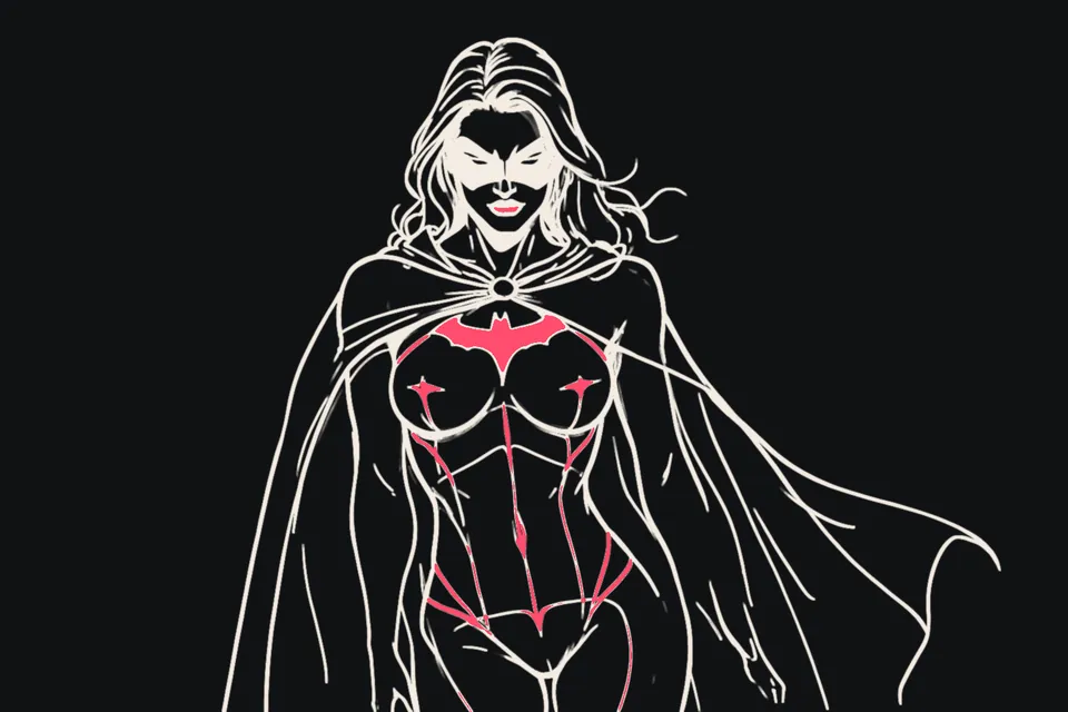 A woman in a masked superhero costume strikes a heroic pose