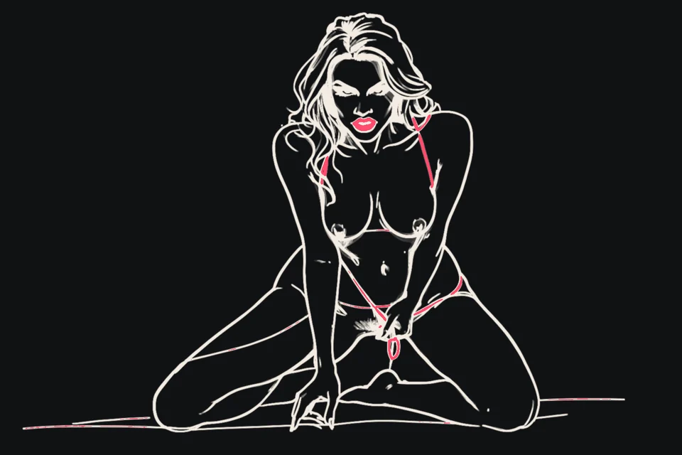 A kneeling woman bites her lip with a mischievous look