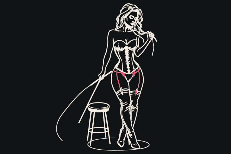 A woman in boots and a corset stands with a whip
