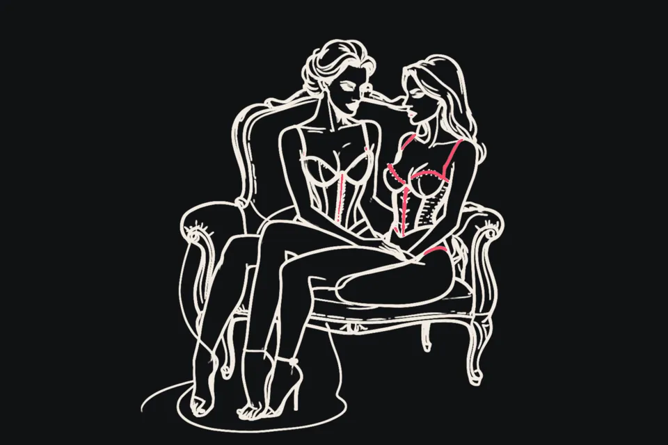 A woman on a throne-like chair with a man kneeling at her feet