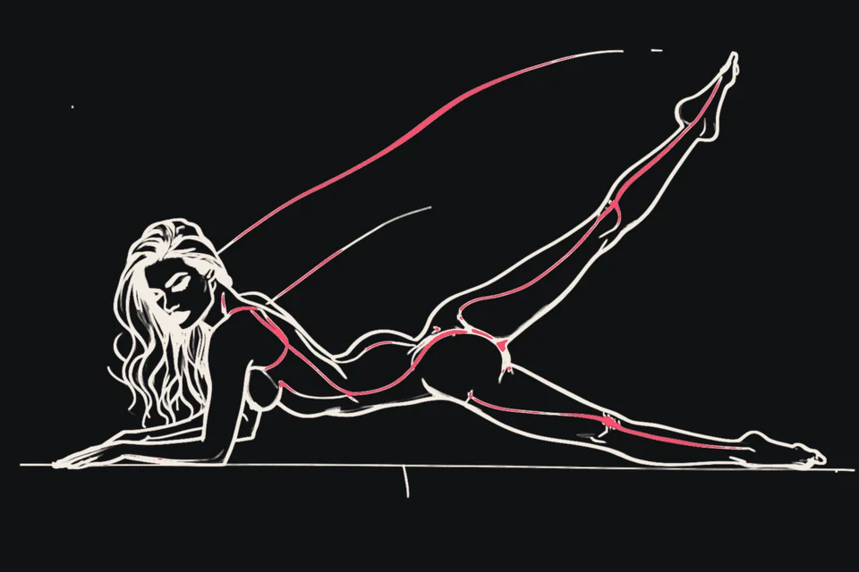A woman does a full split with her arms raised