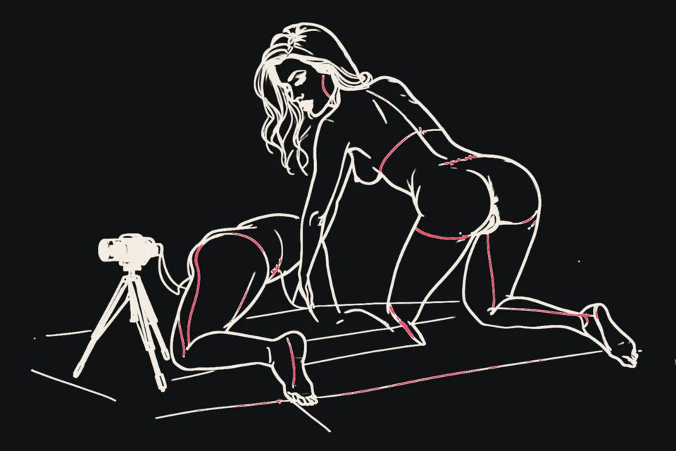 A woman on all fours looks back over her shoulder