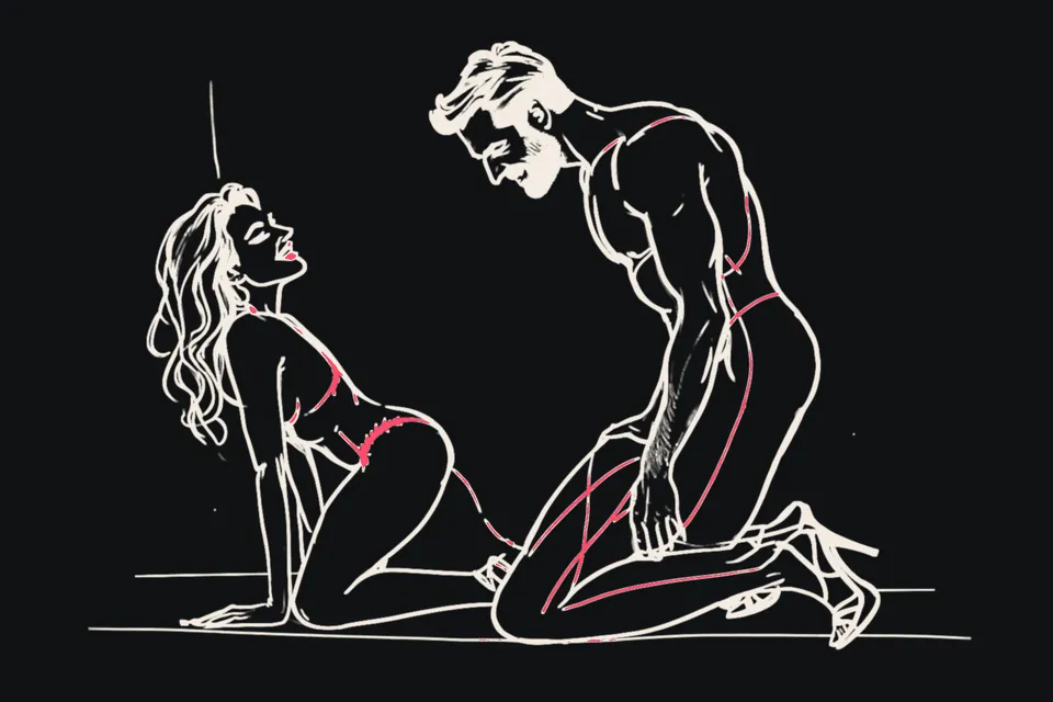 A woman stands laughing over a kneeling man