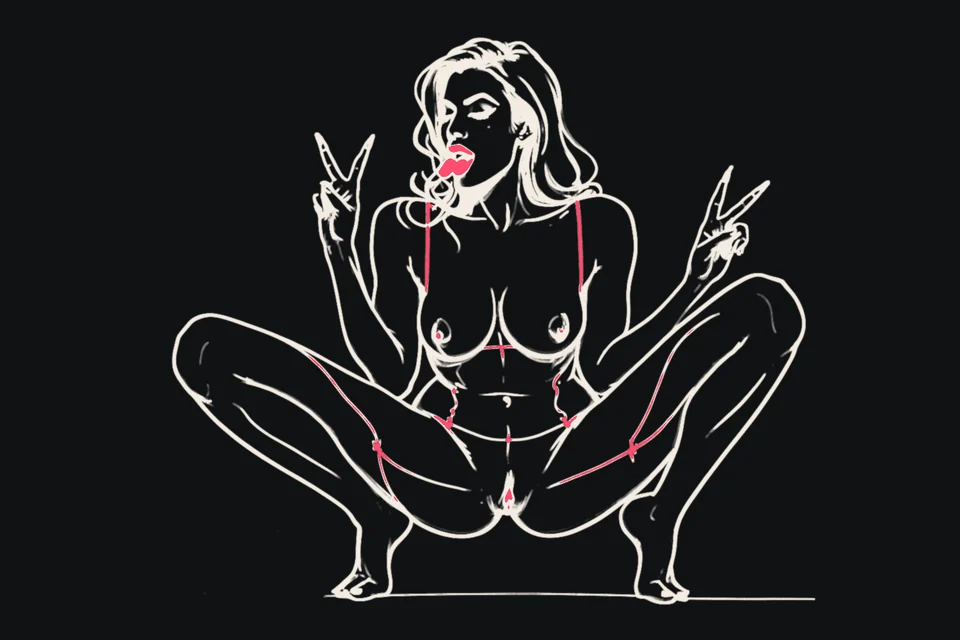 A squatting woman sticks out her tongue