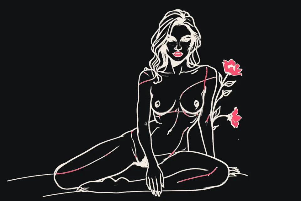 A woman with freckles sits relaxed holding a flower