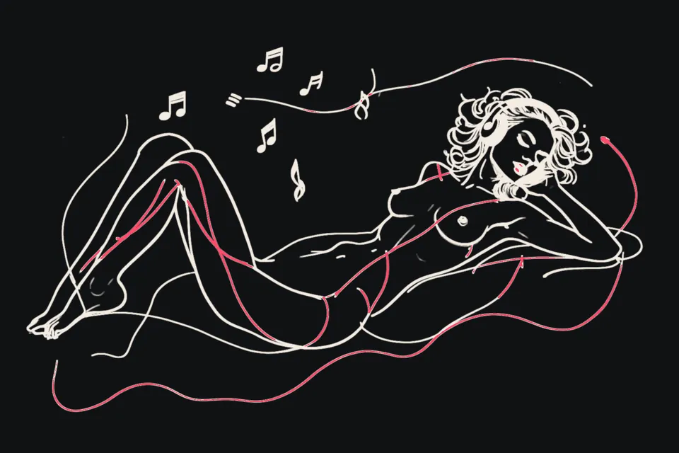 A woman lies back with headphones on and music notes around her
