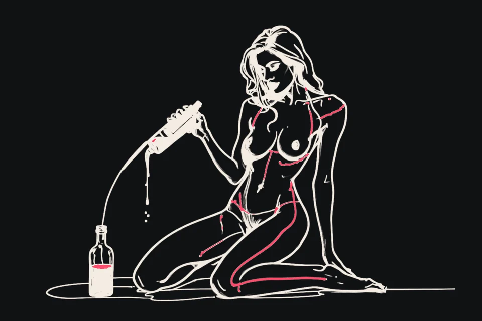 A kneeling woman pours oil over herself