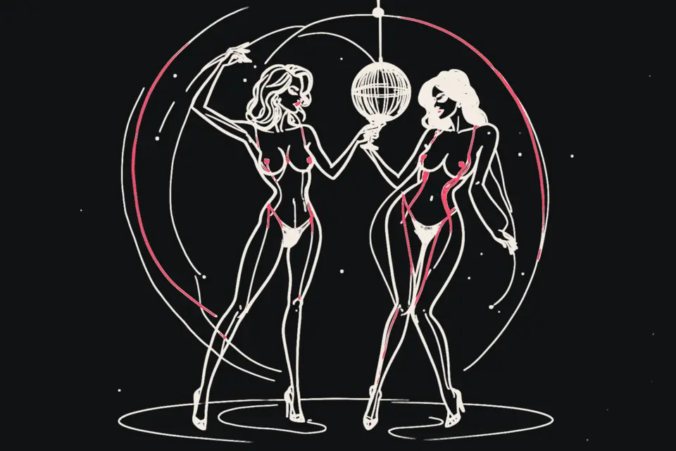 Two women dance with champagne glasses under a disco ball