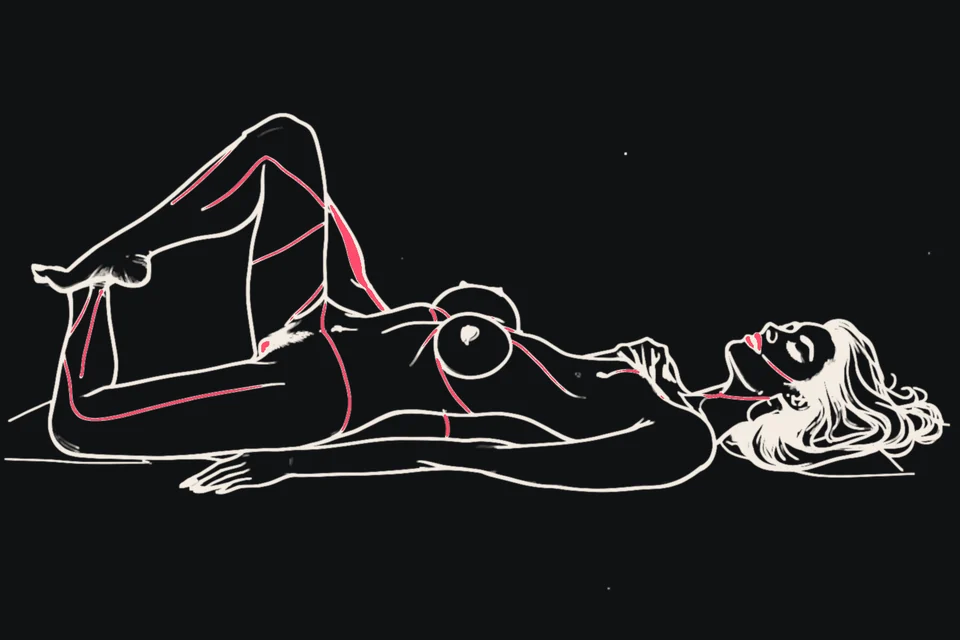 A woman lies on her back, drawn in an intimate pose