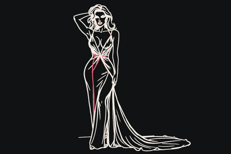A glamorous woman in an evening gown with a hand in her hair