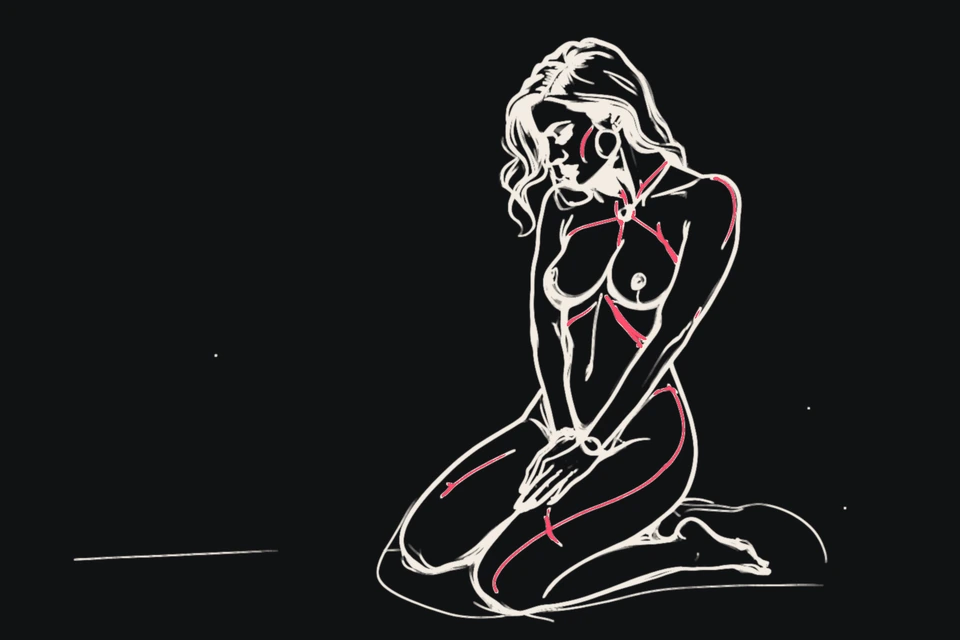 A kneeling woman in a collar bows her head