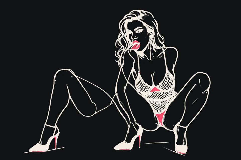 A woman in fishnets and heels squats with her tongue out