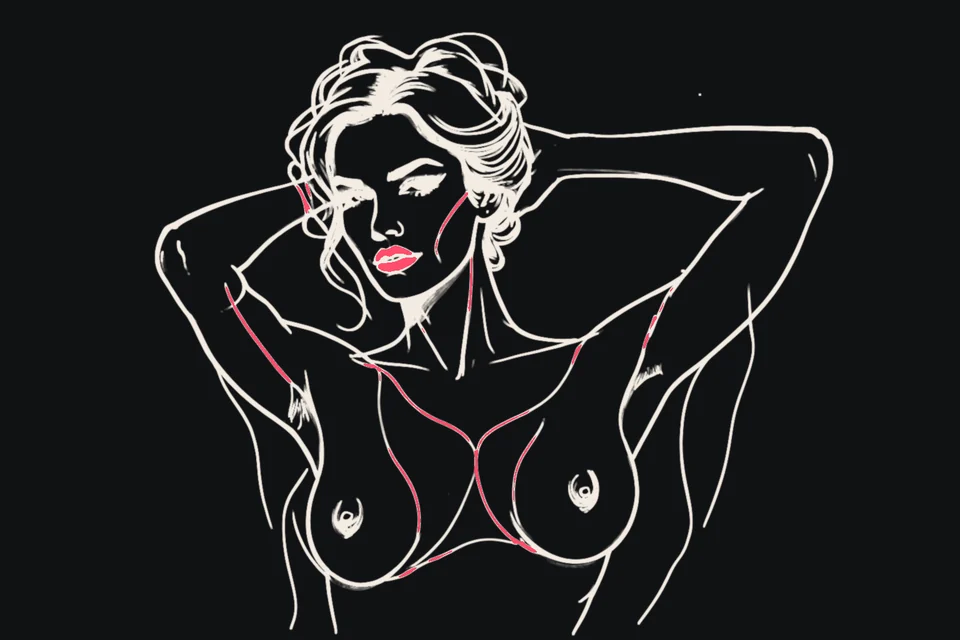 A pin-up woman seen from the front with her hands in her hair
