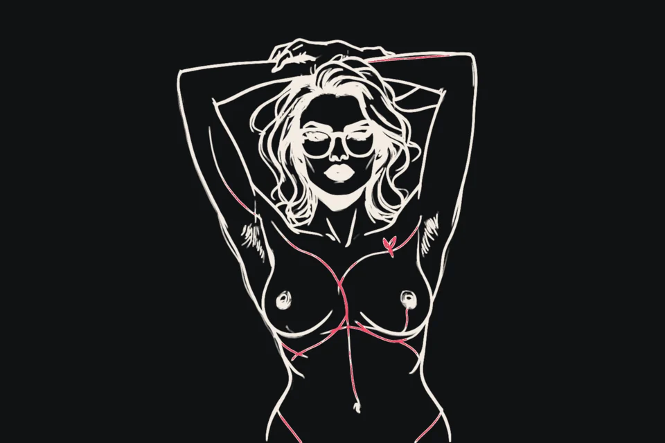 A woman with glasses raises her arms behind her head