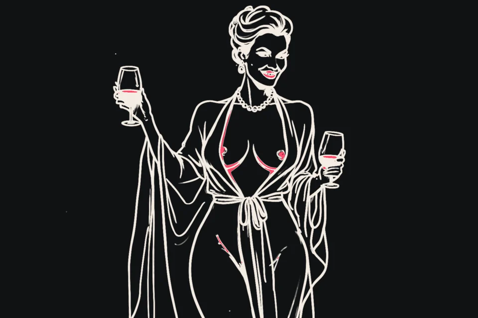 A confident woman in her forties in a silk robe holds a glass of wine