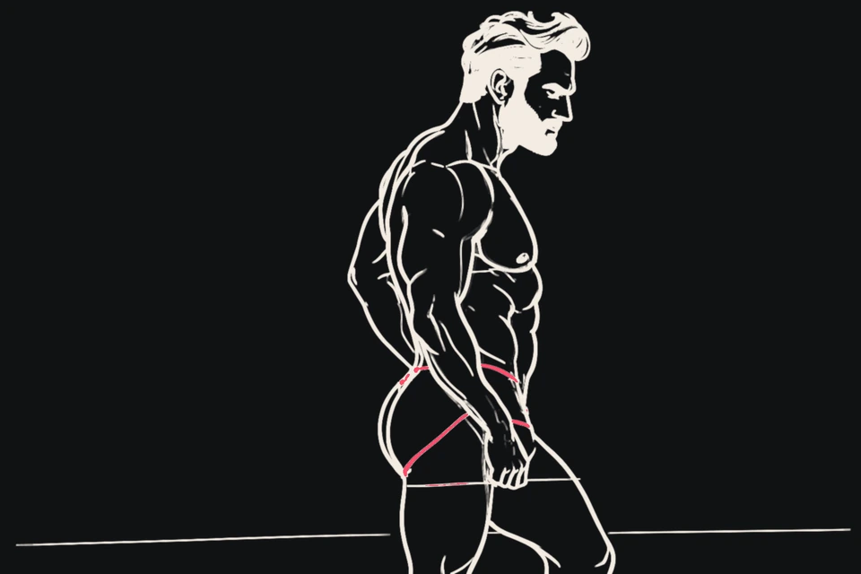 A muscular man seen from the side with a towel at his hips